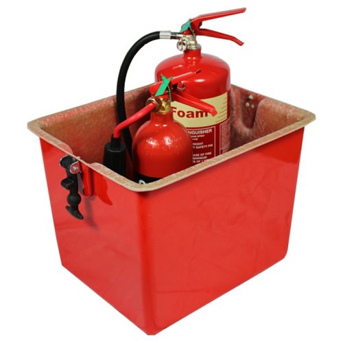 Two extinguishers in red cabinet no top